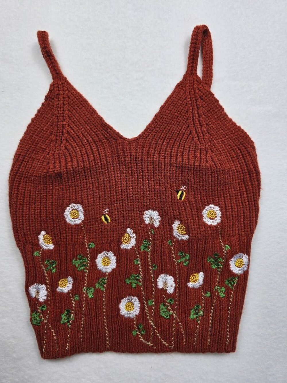 Cider XS Burnt Orange Knit Camisole Embroidered Bees Floral Boho Cottage Core